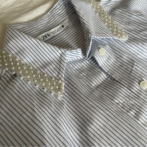 Zara Pinstripe Button Down Cotton Shirt with Pearl Color